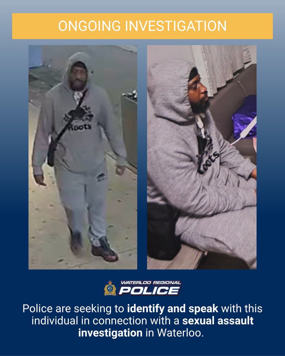 WRPSToday's tweet photo. Investigators are seeking to identify and speak with the individual pictured below in connection with a sexual assault that occurred in Waterloo on June 27, 2026.

Anyone with information regarding incident is asked to contact the police at 519-570-9777, extension 8353.

WA26094720

Details: https://t.co/9JL3ZGkZiN