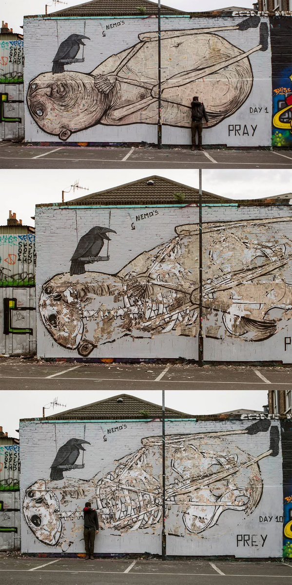 pmamtraveller's tweet photo. "Pray / Prey" created by street artist NemO's. A piece on time, decay, and the cycle of life https://t.co/4rfh3DkK8a