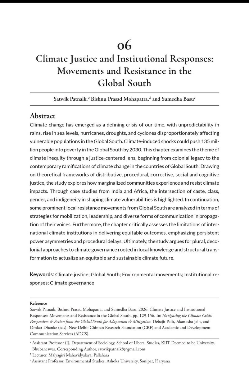Bishnu1991's tweet photo. Co-authored Book Chapter Published with the title "Climate Justice and Institutional Responses: Movements and Resistance in the Global South" in the Edited Book- Navigating the Climate Crisis: Perspectives and Actions from the Global South for Adaptation and Mitigation. https://t.co/q9vHatEmZO