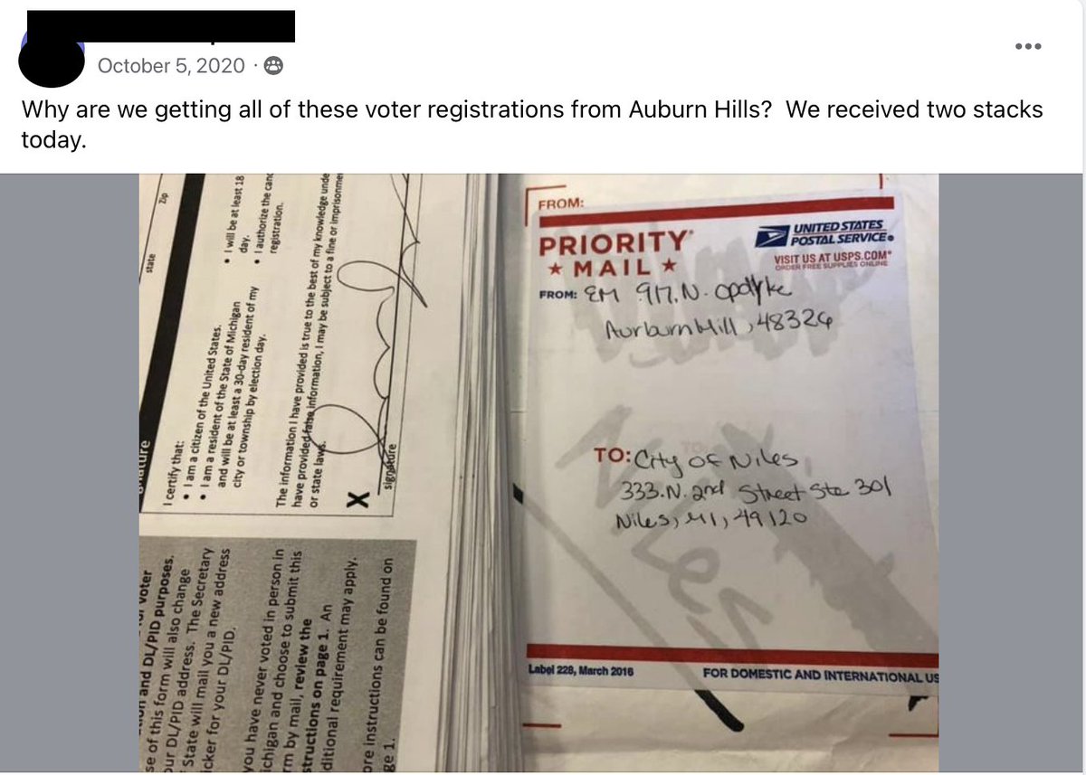 PattyLovesTruth's tweet photo. In 2023, I was granted access to a Michigan Clerk's Facebook page by a whistleblower. I have several screenshots of conversations about the procedures used by Michigan's crooked Secretary of State @JocelynBenson and how she and her top officials (at least one of whom is a member of the page) helped to facilitate election fraud in 2020. 

At least once a week, I will share one of these posts to prove that Jocelyn Benson should never be trusted to run our elections, much less our state. 

This clerk is asking why she was getting packages of fake voter registrations from a hotel in Auburn Hills, MI with the initials "EM" on the return address. 

"EM" stands for "Empower Michigan," which was really GBI Strategies. One of Jocelyn Benson's lawyers regularly commented on these posts when clerks questioned the illegal actions of Benson. Since there were dozens of posts like these, why didn't Jocelyn Benson alert her clerks about the Michigan State Police investigation into GBI Strategies and to warn them to be on the lookout for boxes or envelopes filled with fake registrations for the November 2020 election? 

Jocelyn Benson was able to reach all of the clerks to tell them to ignore signature matching in 2020 and assume that all signatures were valid, so, why did she not communicate about a mass voter registration fraud operation that was happening across the state? 🙄

I am protecting the identity of the clerks by redacting their names. I don't care who approves or doesn't approve. These clerks were not given any help or guidance by Jocelyn Benson or by her BOE. Many of them are well-meaning clerks who simply didn't know what to do about the fraud or about the illegal direction they were being given by SOS Benson.