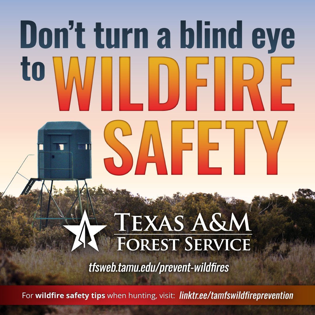 Image of a large sign with the text, "Don't turn a blind eye to WILDFIRE SAFETY," in bold letters. Below, "Texas A&M Forest Service" is written with a link to a website for preventing wildfires. The background features a forest scene with a hunting stand.