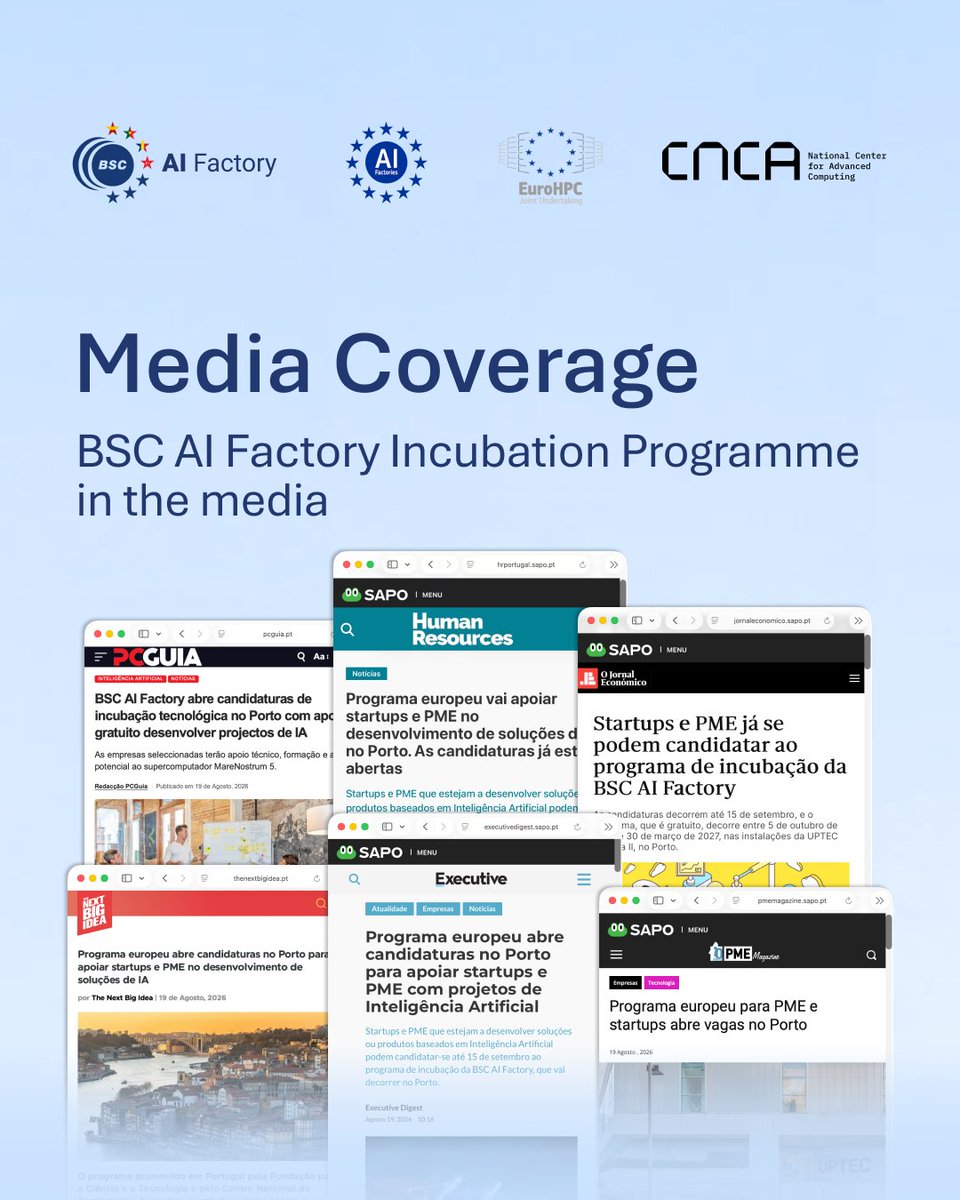 acnca_pt's tweet photo. 📰 The BSC #AIFactory Incubation Programme in Porto has been in the news.
The coverage highlights access to advanced computing resources and specialised technical support.

📅Applications for UPTEC close on September 15.
🔗 https://t.co/rbY8LNj4Vn https://t.co/DKFE1VDq2n