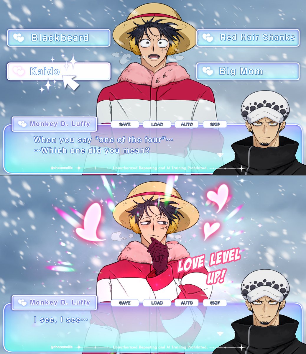 chocomeille's tweet photo. kidlaw, lulaw / ルロー

🐯: …why do I suddenly see hearts everywhere

(If One Piece was a visual novel romance game 🤭) https://t.co/7vVmA08bVd