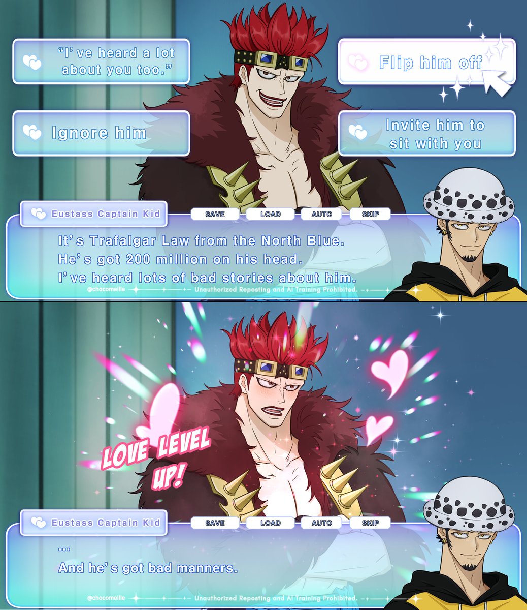 chocomeille's tweet photo. kidlaw, lulaw / ルロー

🐯: …why do I suddenly see hearts everywhere

(If One Piece was a visual novel romance game 🤭) https://t.co/7vVmA08bVd