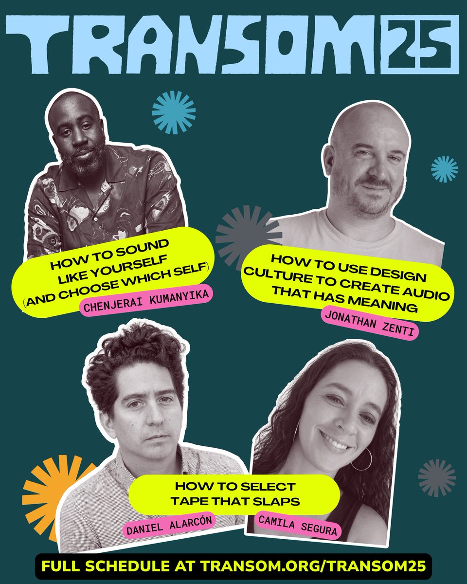 Transom_org's tweet photo. The full #Transom25 program is here. 🎙️

Every workshop, every title, every audio storyteller teaching in Woods Hole Sept 17–19 — plus Ira Glass &amp; Martine Powers, Nichole Hill, Al Letson, and a 25th-birthday bash to close it out.

Full schedule ↓ https://t.co/I0UOqNUlLV
