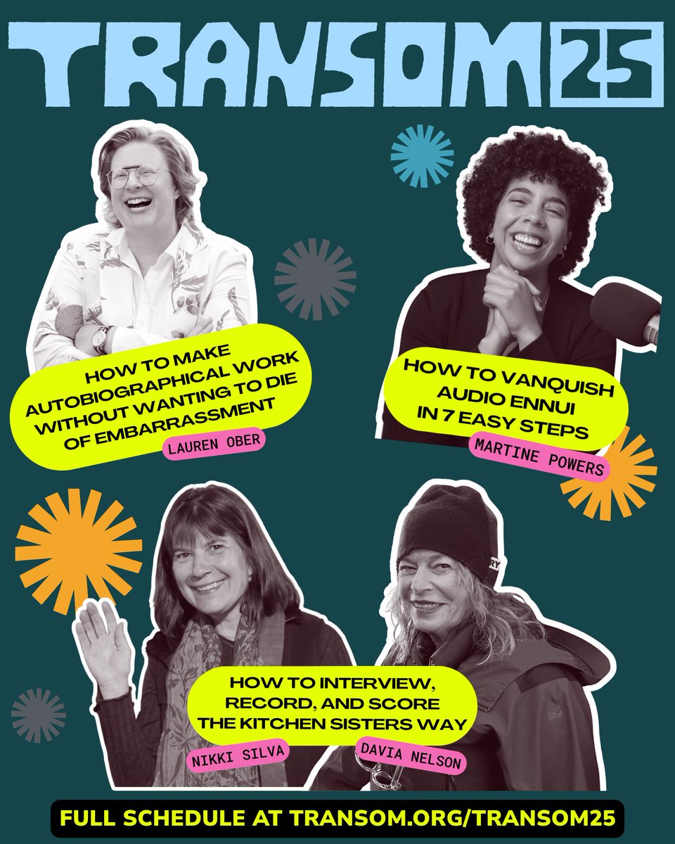Transom_org's tweet photo. The full #Transom25 program is here. 🎙️

Every workshop, every title, every audio storyteller teaching in Woods Hole Sept 17–19 — plus Ira Glass &amp; Martine Powers, Nichole Hill, Al Letson, and a 25th-birthday bash to close it out.

Full schedule ↓ https://t.co/I0UOqNUlLV
