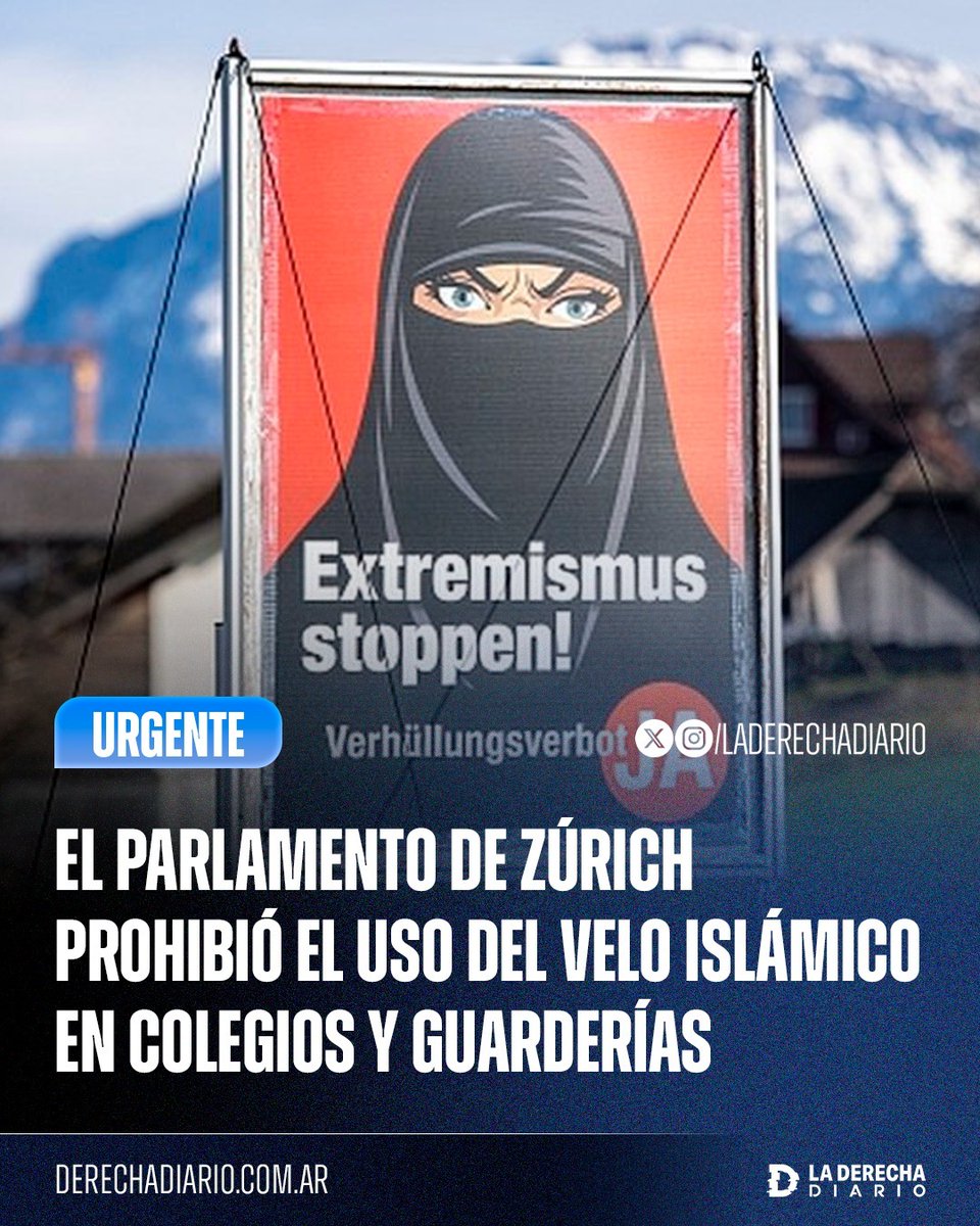 laderechadiario's tweet photo. 🚨🇨🇭☪️ | EXCELENTE MEDIDA: El Parlamento del cantón de Zúrich aprobó por un escaso margen de 87-82 la prohibición del uso del velo islámico en colegios y guarderías públicas, tanto para las alumnas como para las profesoras, obligando al Consejo de Gobierno a implementarla en un plazo máximo de dos años.

"Va en contra de los valores democráticos de la escuela obligatoria, discrimina y obstaculiza la igualdad de derechos y oportunidades", afirmó el liderazgo del Partido Popular Suizo que impulsó la iniciativa.