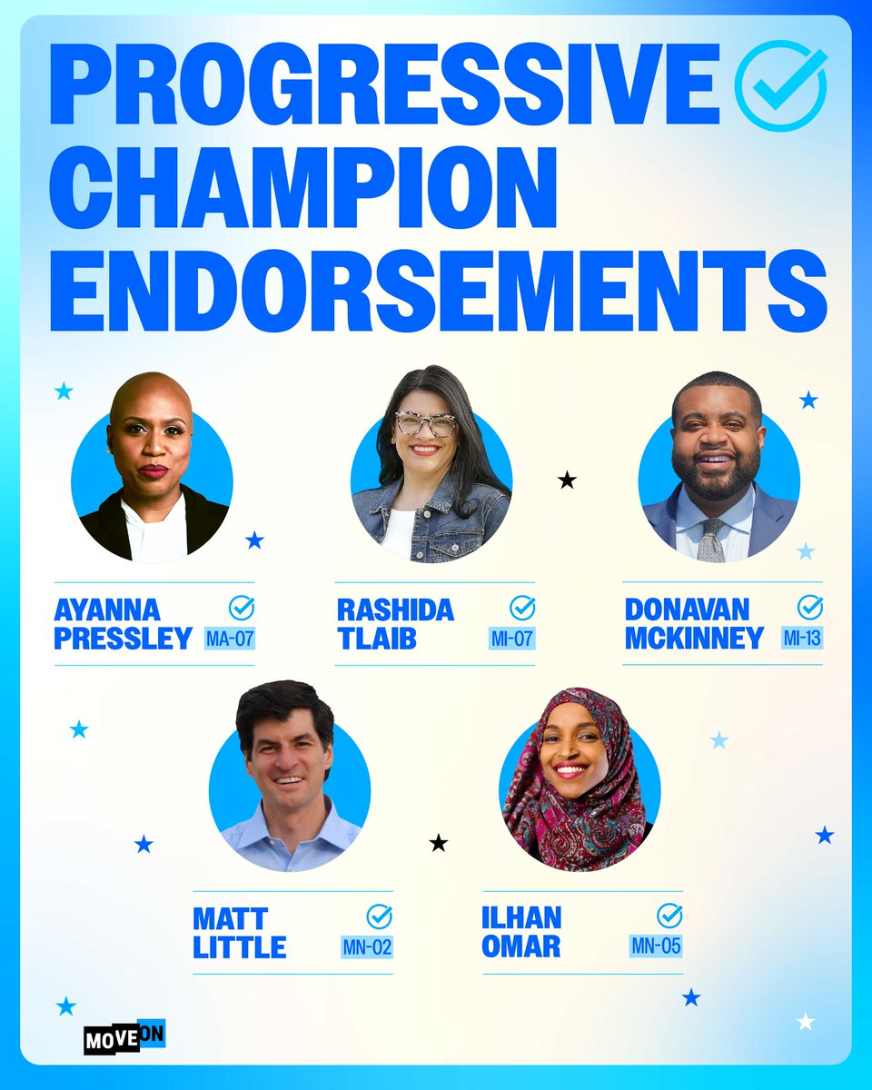 Five people endorsed as Progressive Champions with their names and districts.