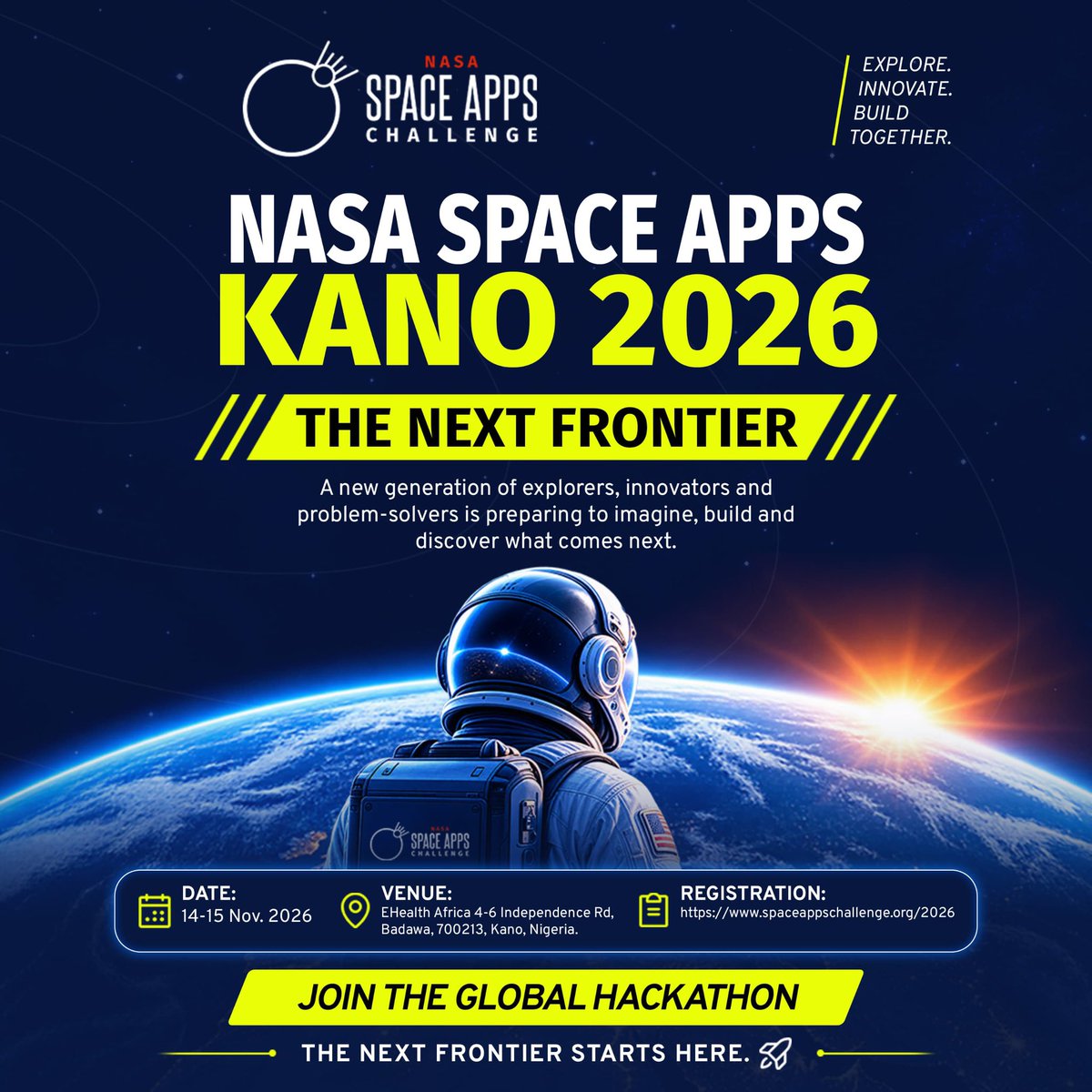 spaceapps_kano's tweet photo. 🚀 THE NEXT FRONTIER IS HERE!

What happens when space, technology &amp; bold ideas collide? 🌍🚀

Join NASA Space Apps Kano 2026 and discover what YOU can build next.

📅 Nov. 14–15 | 📍 Kano

#NASASpaceAppsKano #TheNextFrontier #KanoToTheStars #HackTheFuture https://t.co/sfJd6FNpsJ