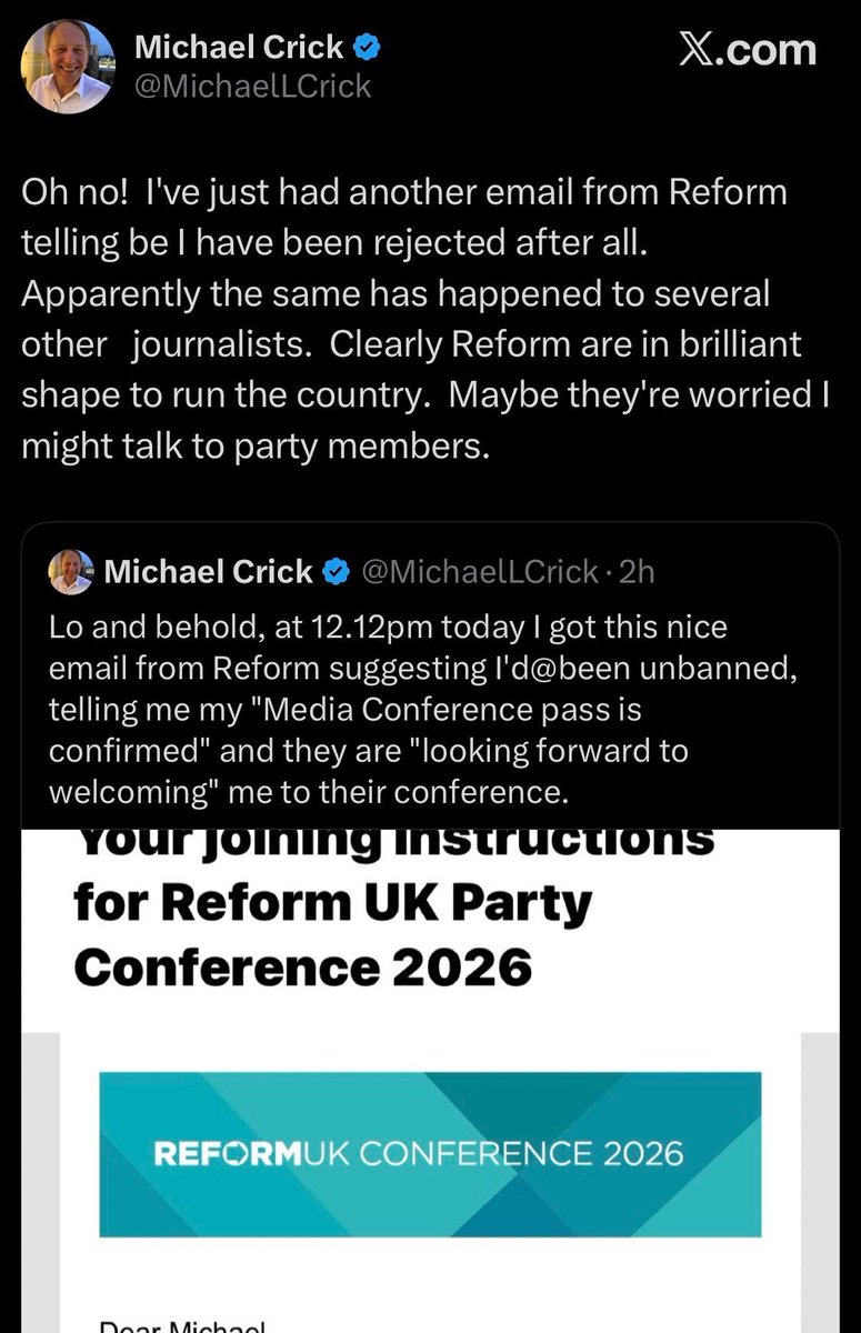 TweetTheBeacon's tweet photo. 🚨NEW: Journalists who had been rejected from entering Reform’s conference in Birmingham, were briefly accepted, only to be rejected once again. https://t.co/vvmt7YsY4v