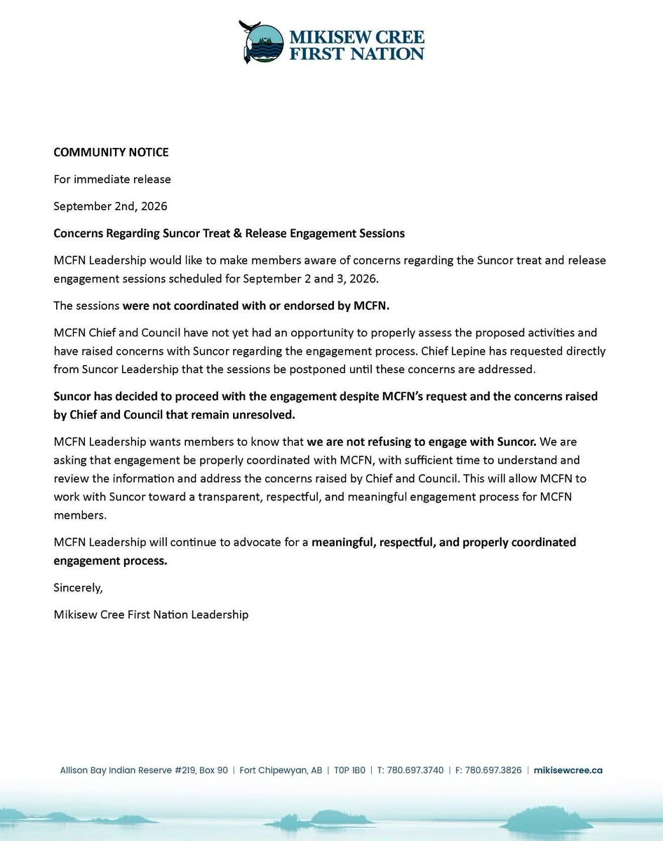 peterfortna's tweet photo. This seems like a poor way to do #oilsands consultation @suncor. You should probably try and work with area First Nations leadership before you share with the community your plan to empty #oilsands/#tarsands tailings ponds into the Athabasca River. #ableg @breakdown #ymm https://t.co/3TQOtmCWXF