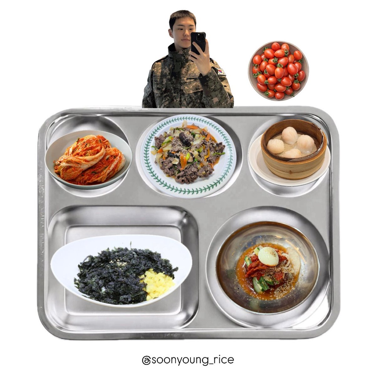 soonyoung_rice's tweet photo. 260903 (목) 중식 🐯

셀프주먹밥
코다리냉면
쇠고기불고기
딤섬
대추방울토마토
배추김치

#권순영의식판 #호시 #HOSHI #권순영 #세븐틴 https://t.co/yGdVoyVU2O