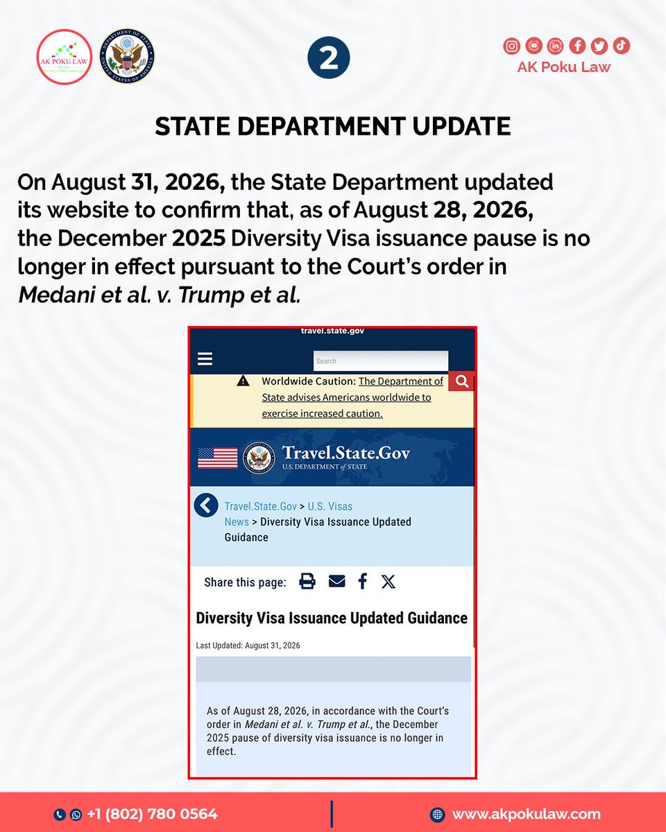 greencard1awyer's tweet photo. 1* On August 31, 2026, the U.S. Department of State gave an update regarding the Diversity Visa issuance pause affecting DV-2026 selectees.

✅ Swipe to learn more. https://t.co/9fI7KsnuOX