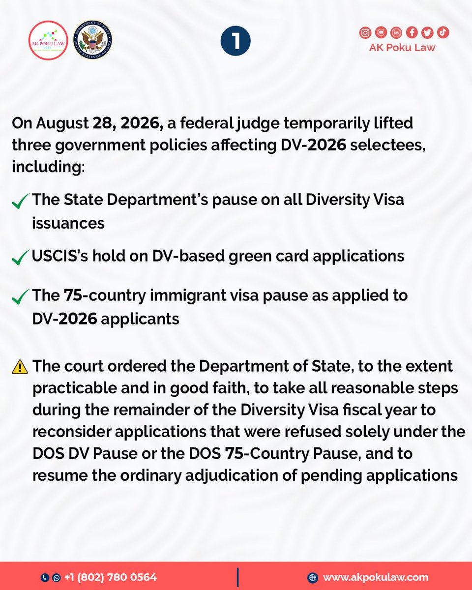 greencard1awyer's tweet photo. 1* On August 31, 2026, the U.S. Department of State gave an update regarding the Diversity Visa issuance pause affecting DV-2026 selectees.

✅ Swipe to learn more. https://t.co/9fI7KsnuOX