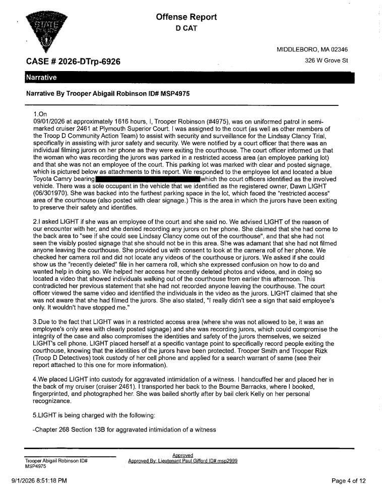 MattBlacInc's tweet photo. Arrest details of #DawnLight
Plymouth District Court, MA
Charge(s) WITNESS/JUROR/POLICE/COURT OFFICIAL, INTIMIDATE AGGRAVATED
#LindsayClancy Trial
pages 3-6 https://t.co/E1D97rmKMT