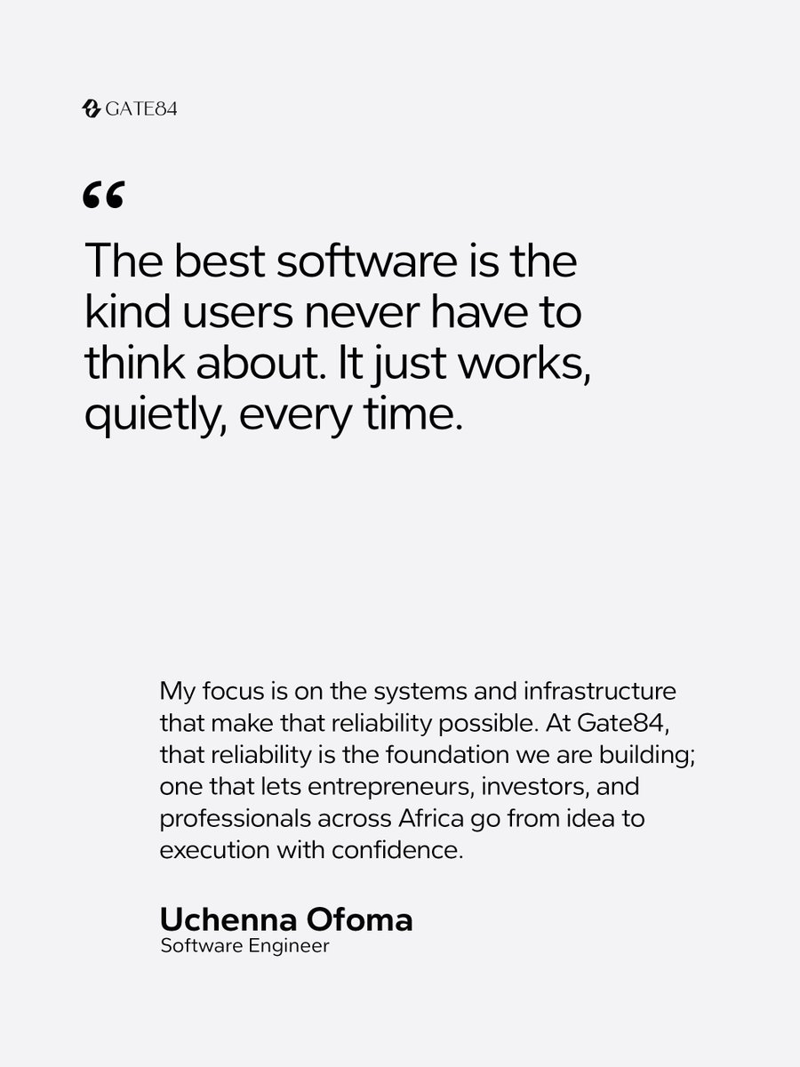 Gate84io's tweet photo. The best software is often invisible. When it works reliably, users do not think about the infrastructure behind it. That is the goal at Gate84: build technology people can depend on while they focus on turning ideas into execution. #Gate84 #Gate84io
#SoftwareEngineering #AfricanTech #TechForAfrica #BuildSmarter