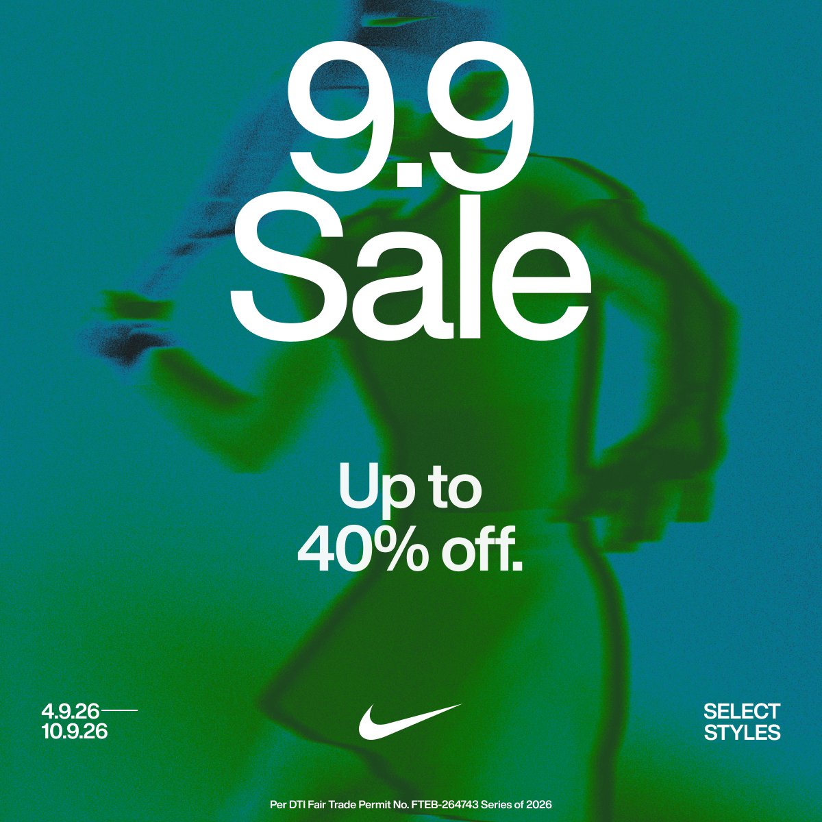 Nike's tweet photo. Take your shot with up to 40% off select styles this 9.9 Sale—ends 10 Sep.