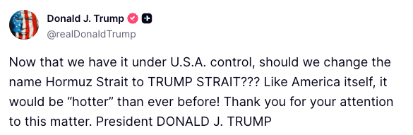 FoxNews's tweet photo. NEW: "Should we change the name Hormuz Strait to TRUMP STRAIT???"

President Trump floats yet another geographic name change as he says the Strait of Hormuz is now under U.S. control.

"Like America itself, it would be “hotter” than ever before!" https://t.co/gdVvb96Exc