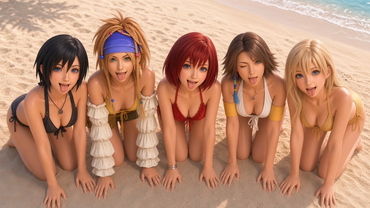 JohnyWinstons's tweet photo. The ladies of Square-Enix: Kairi, Naminé, Xion, Yuna, and Rikku | tropical beach edition #カイリ #ナミネ #シオン #ユウナ #リュック #FinalFantasy10 #FFX2 #KH3 https://t.co/XbocfYvrWD