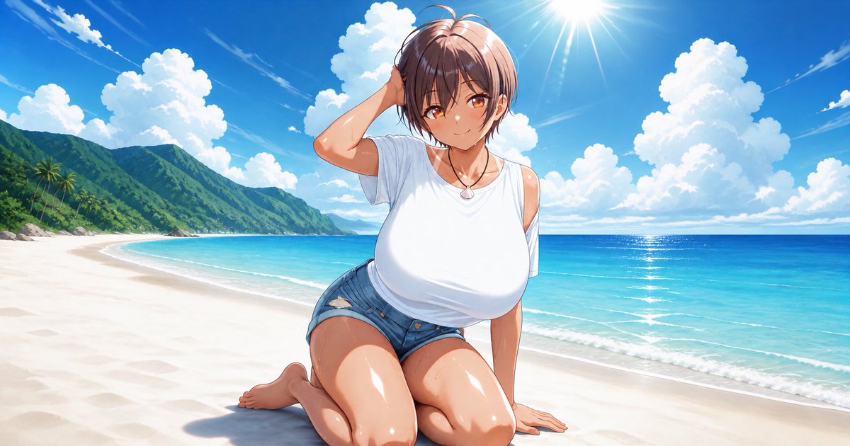 BlendAIjp's tweet photo. 夏休みに、離島の民宿で住み込みバイトを始めた。

船を降りると、看板娘のなぎさが笑顔で駆け寄ってくる。

「ようこそ、神凪島へ！
今日からよろしくね。
仕事も遊びも全部任せて！」

都会では味わえない、忘れられない夏が始まる。

▼画像をクリックで続きを読む
