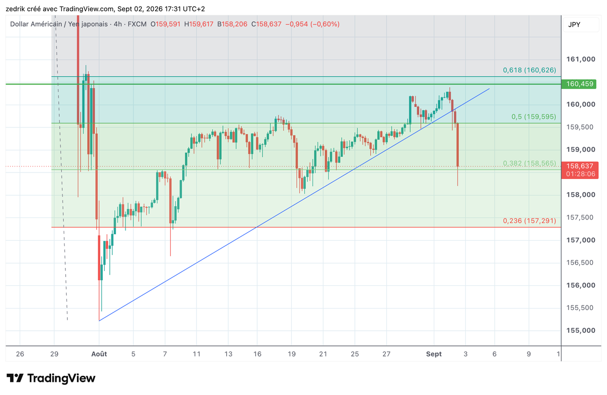 CDamestoy's tweet photo. USD/JPY: Cassure de l'oblique et 150 pips de baisse; prochain support 158 et 157.20/30 
Register Online: https://t.co/BUoxZhEWrR

#USDJPY #ForexMarket #forextrading #ftrading #Forex
https://t.co/019TQrv3we https://t.co/9vk1nMoLQ0