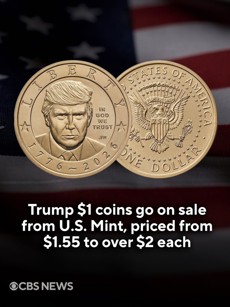 CBSNews's tweet photo. A new $1 coin featuring President Trump’s likeness is being released as part of the U.S. Mint’s celebration of America’s 250th anniversary.

The coin features Trump on one side and the Great Seal of the United States on the other, and can be used as legal tender. The design has drawn criticism over a federal law restricting depictions of living presidents on U.S. currency.