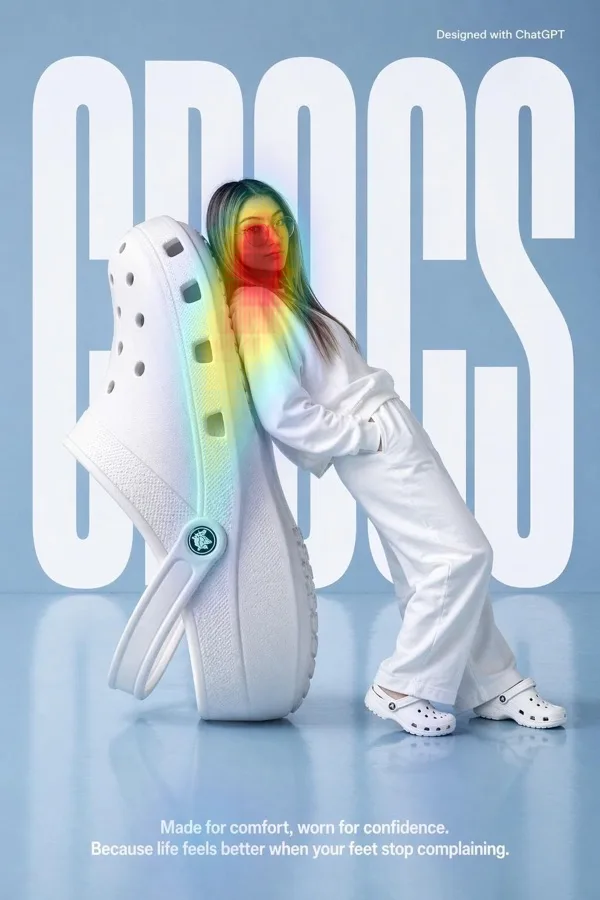 Sammy_Side_Up_'s tweet photo. where does the first glance land on this Crocs concept static? ran it through an attention model (predicted eye-tracking, heatmap attached). the CROCS wordmark takes 67% of all attention and is seen first. the small logo on the giant shoe is seen second, about 6x what its size would earn. the shoes on her feet are never reached. clean canvas, strong anchor - and the product is the one thing the eye skips. if this were yours, would you calm the wordmark or move the product up into the gaze path? context: this is an AI-made concept (the frame says "designed with ChatGPT"), not a Crocs campaign - it is from a sample set I use for testing.