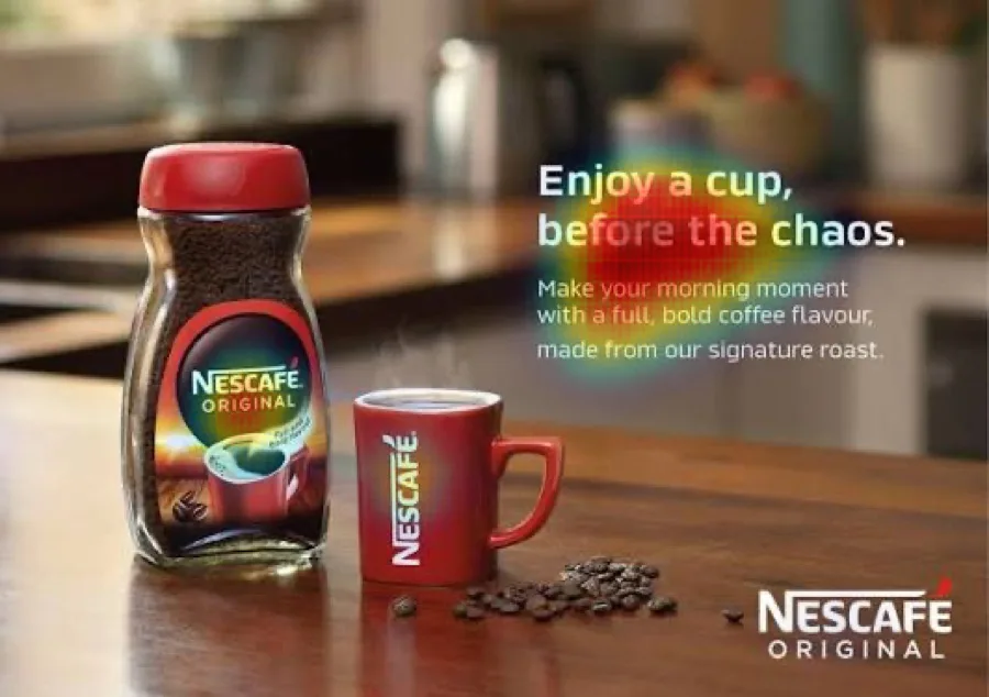 Sammy_Side_Up_'s tweet photo. what I'm working on: an attention heatmap for ad creatives. drop a static in, get a predicted first-glance map, three scores, and a plain-English read on what the eye skips. sample below is a Nescafe static from our demo set: the headline pulls 24% of attention at about 5x its size, the jar is seen second, and the subhead under the headline holds 21% but the gaze path never actually reaches it. building it for designers and media buyers who want a second opinion before a creative ships. question for the builders here: if a tool told you this about your ad, what is the one thing you would want it to say next?