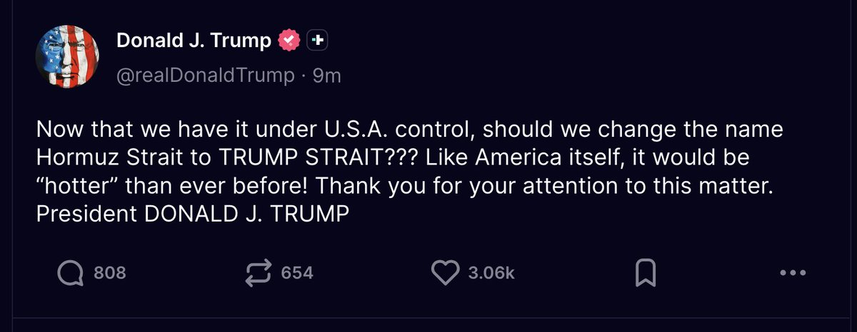aleabitoreddit's tweet photo. I try not to go off topic... 

But apparently, the Strait of Hormuz might be renamed the "Trump Strait" soon. https://t.co/7UJitOXmKX