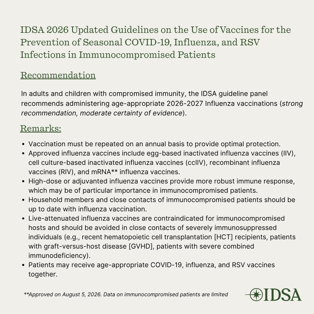 IDSAInfo's tweet photo. Updated IDSA Guidelines out now! IDSA has released updated evidence-based guidelines on COVID-19, influenza, and RSV vaccinations in the immunocompromised population.

Access the guidelines: https://t.co/YrXkPITLX5
Our press release: https://t.co/bQC3ANb66o https://t.co/i2ySN6CkCm