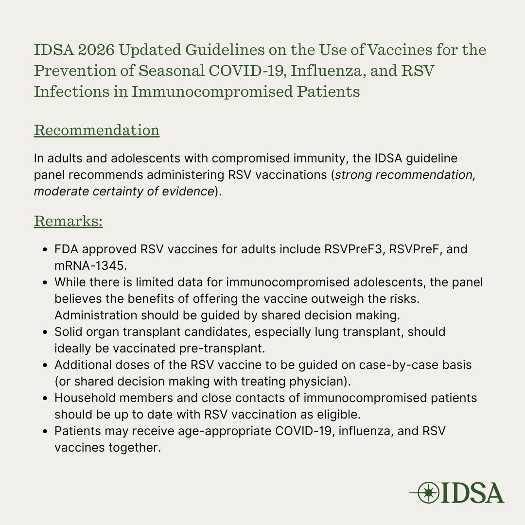 IDSAInfo's tweet photo. Updated IDSA Guidelines out now! IDSA has released updated evidence-based guidelines on COVID-19, influenza, and RSV vaccinations in the immunocompromised population.

Access the guidelines: https://t.co/YrXkPITLX5
Our press release: https://t.co/bQC3ANb66o https://t.co/i2ySN6CkCm