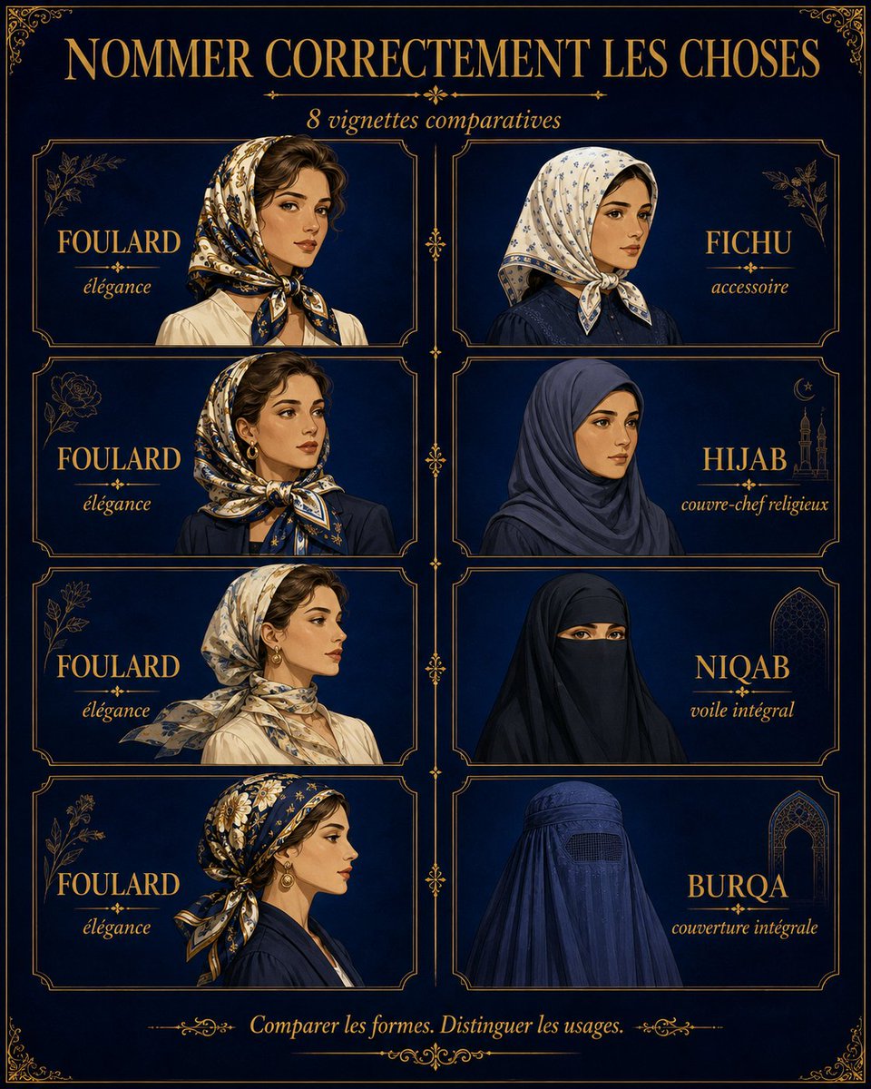 paninfini's tweet photo. @ImpactMediaFR @ImpactMediaFR @Valeurs @leJDD @Le_Figaro 
Petit rappel visuel pour ceux qui confondent encore tout. 😇

Foulard ≠ fichu ≠ hijab ≠ niqab ≠ burqa.

Même tête couverte, pas le même vêtement, pas le même usage, pas la même portée religieuse.
@grok https://t.co/UGQ5iRrfG5