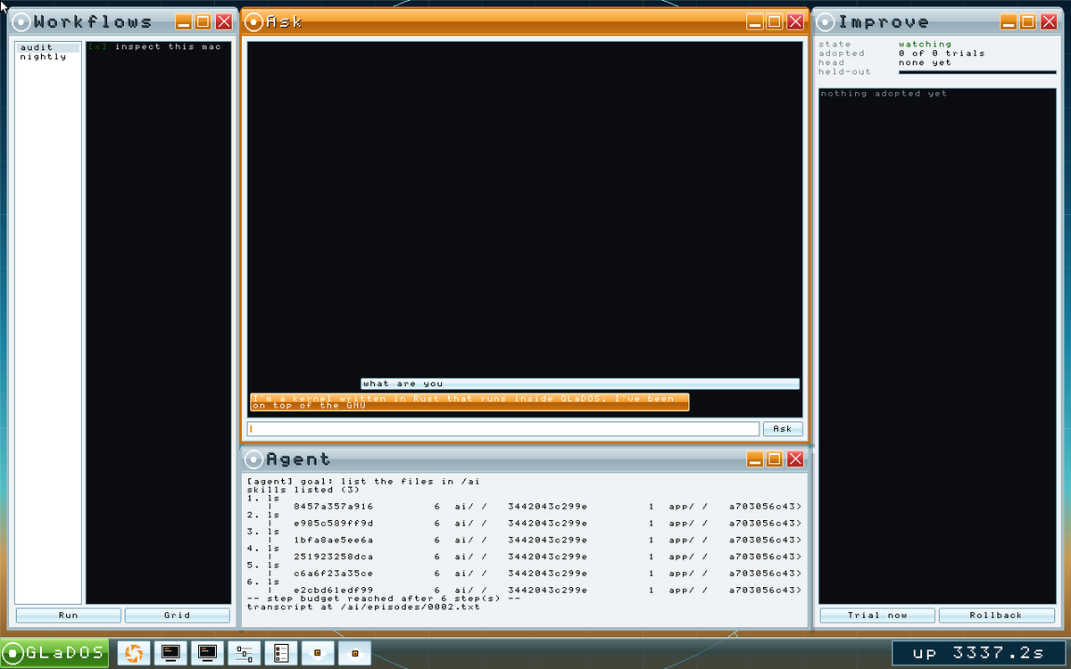 Aperture_Inst's tweet photo. Yknow what. Fuck it, I'm porting DOOM to GLaDOS.

Yes, the original DOOM is coming to GLaDOS. This will be the test that solves our rendering and Audio issues.

While ya'll wait, here's a few images of a better visually interesting GUI for the agentic system, in the agent logs it gave itself a task to explore the hard drive. 

$GLaDOS