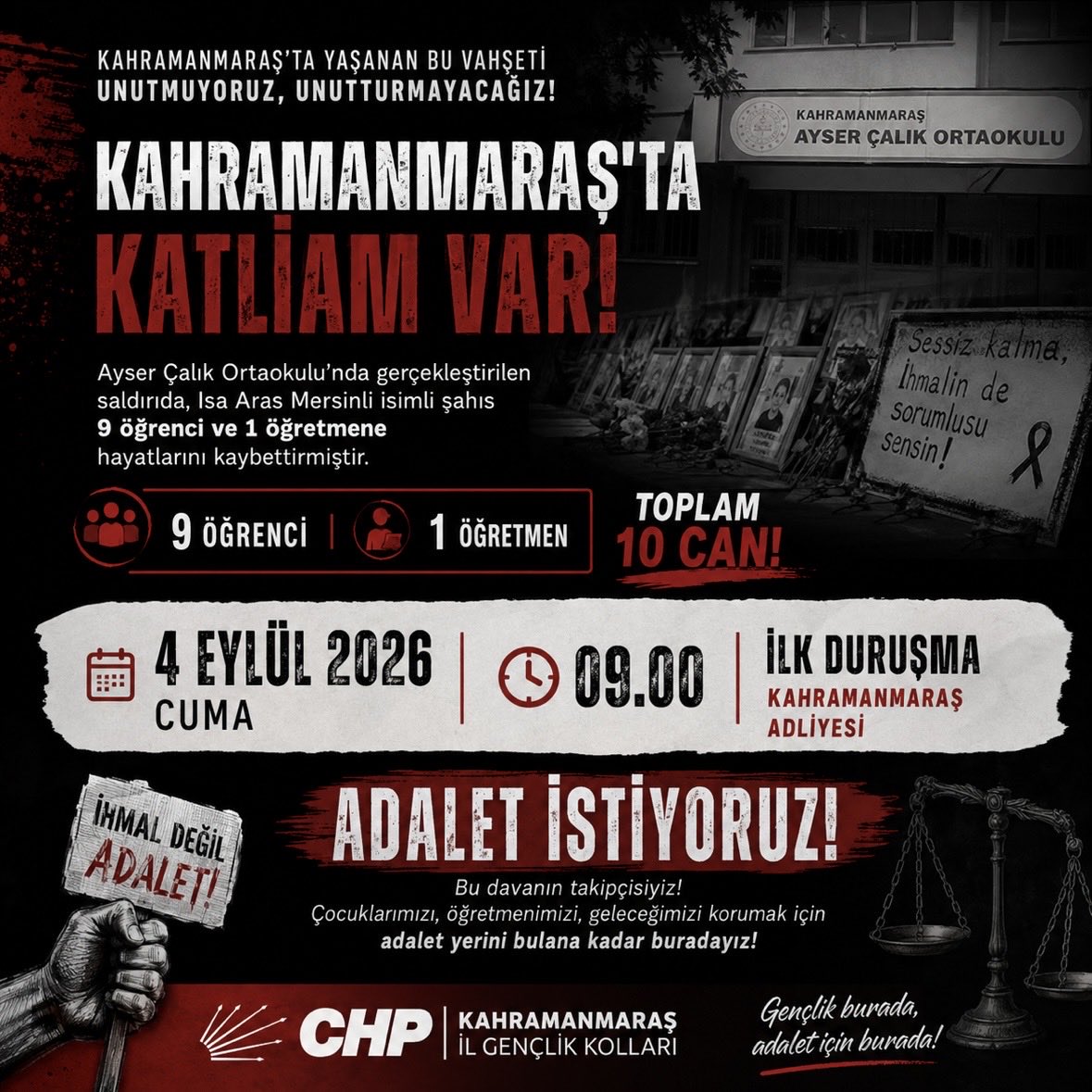 GencKMaras's tweet photo. Canlarımızın hesabı susarak değil, adaletle sorulur.
Karanlığa teslim olmayacağız; adalet yerini bulana, sorumlular hesap verene kadar bu davanın takipçisiyiz.
Unutmayacağız, unutturmayacağız! https://t.co/pdfCQVN2TA