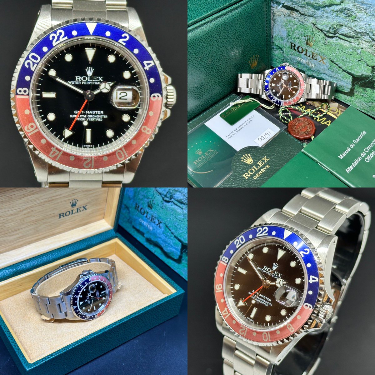 TheWatchSpy's tweet photo. This 1998 Rolex GMT-Master 16700 with a set of Rolex boxes, tags, booklets, nicely faded bezel insert, 'Swiss-only' dial and Rolex NFC service card is in excellent condition and has passed our in-house due diligence and inspection criteria. Recently serviced by Rolex and supplied with a Rolex warranty valid until December 2027. Price £10995
