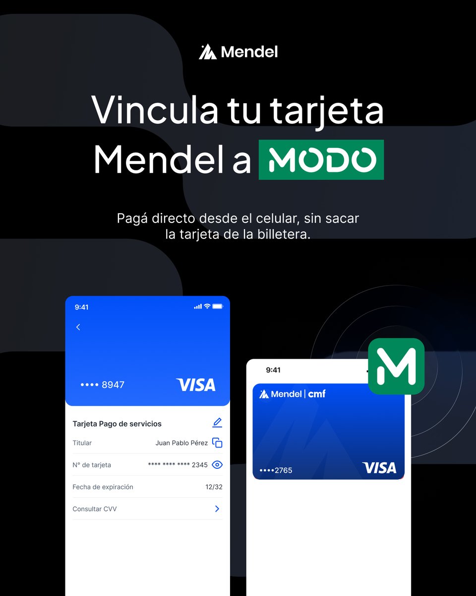somosmendel's tweet photo. Mendel, ahora en MODO 📲

Ya podés vincular tus tarjetas Mendel a la app de MODO y pagar directo desde el celular, sin sacar la tarjeta física de la billetera. 

Más comodidad para tu equipo, mismo control para tu empresa.
#Mendel #MODO #TarjetasCorporativas #Finanzas #Argentina https://t.co/93eBthTIAe