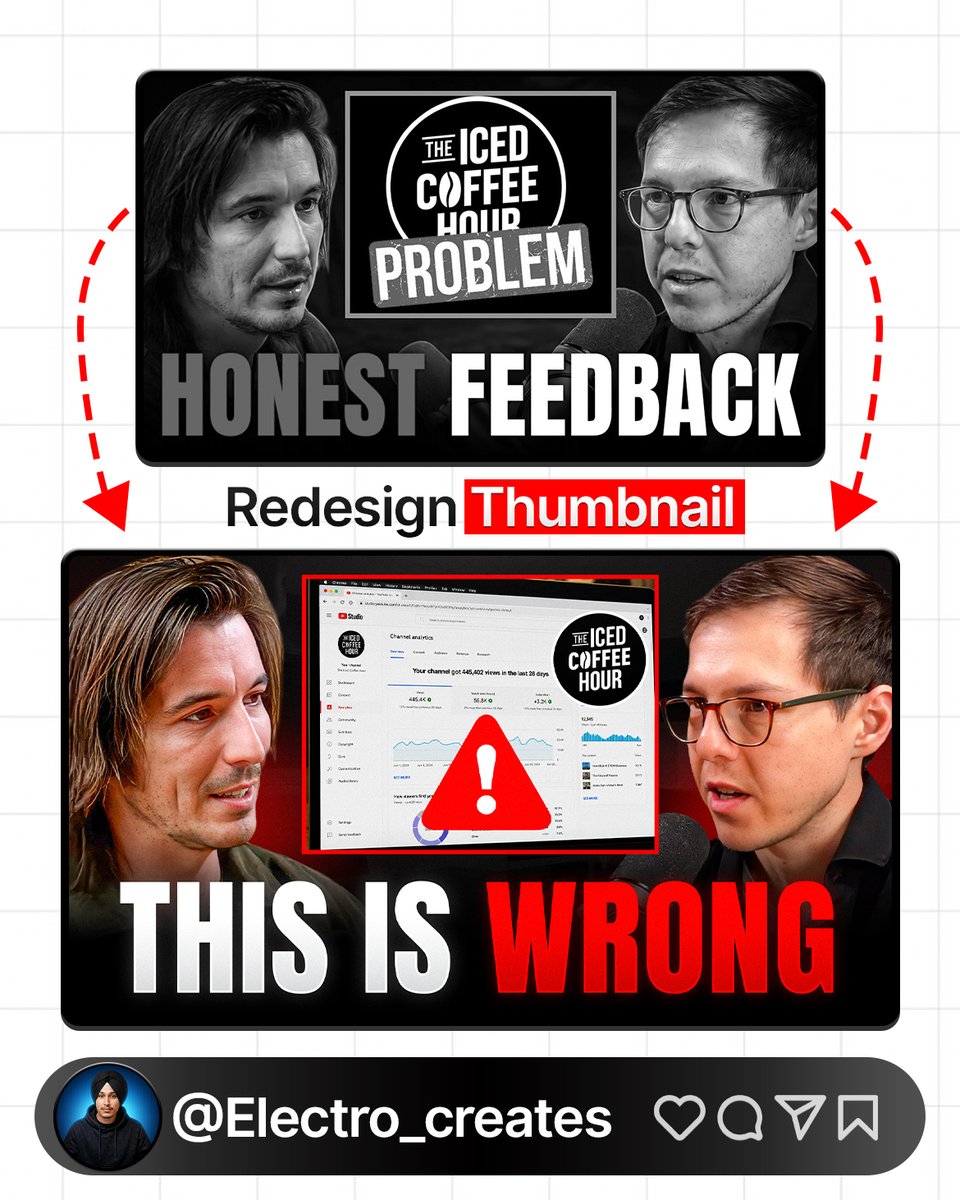 Electro_Editor's tweet photo. Day 19 Thumbnail Redesign 01π¨
Redesigned a thumbnail for The Iced Coffee Hour.
@icedcoffeehour @gpstephan @Jlsselby27
What do you think of the redesign?
#IcedCoffeeHour #GrahamStephan #JackSelby #ThumbnailDesign #YouTubeThumbnails #ThumbnailRedesign #YouTubeDesigner https://t.co/jQTOc2v4LN