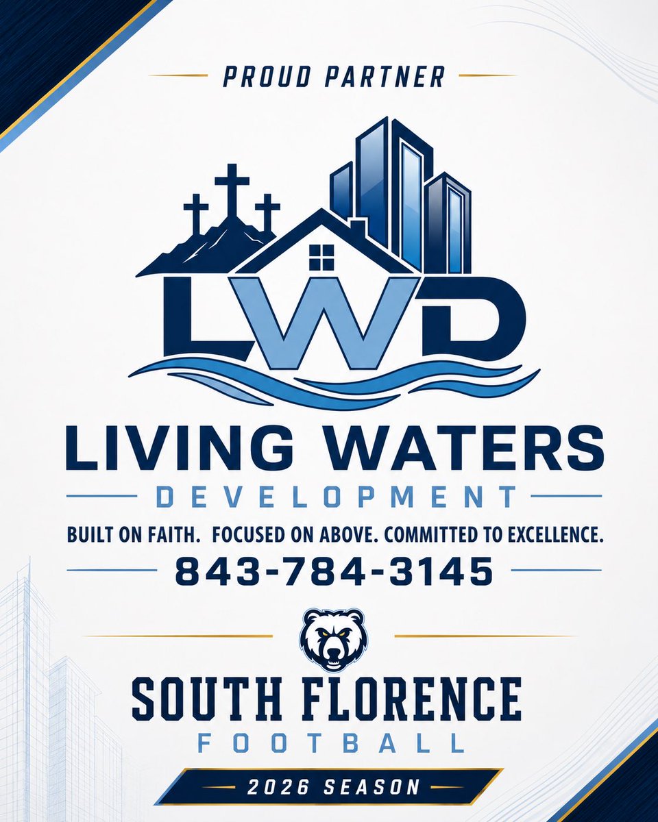 SFBruinFootball's tweet photo. Building more than structures — building with purpose.

Proud to have Living Waters Development supporting South Florence Football with a mission built on faith, focused above, and committed to excellence.
#LivingWatersDevelopment #ProudPartner #BruinNation https://t.co/fc48RSqo0D