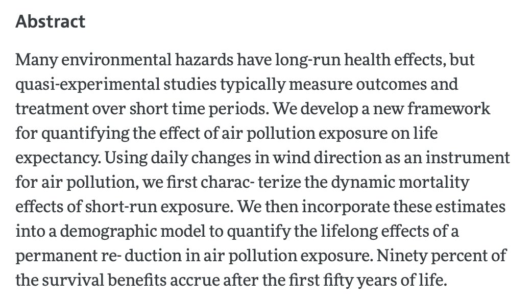 albrgr's tweet photo. Another paper finding big near term mortality impacts from air pollution, and if I'm reading it right, suggesting that extrapolating over full lifespan suggests that reducing air pollution by ~10% would save ~1 year of life across the US population - huge effects! https://t.co/MCgnuURqJj
