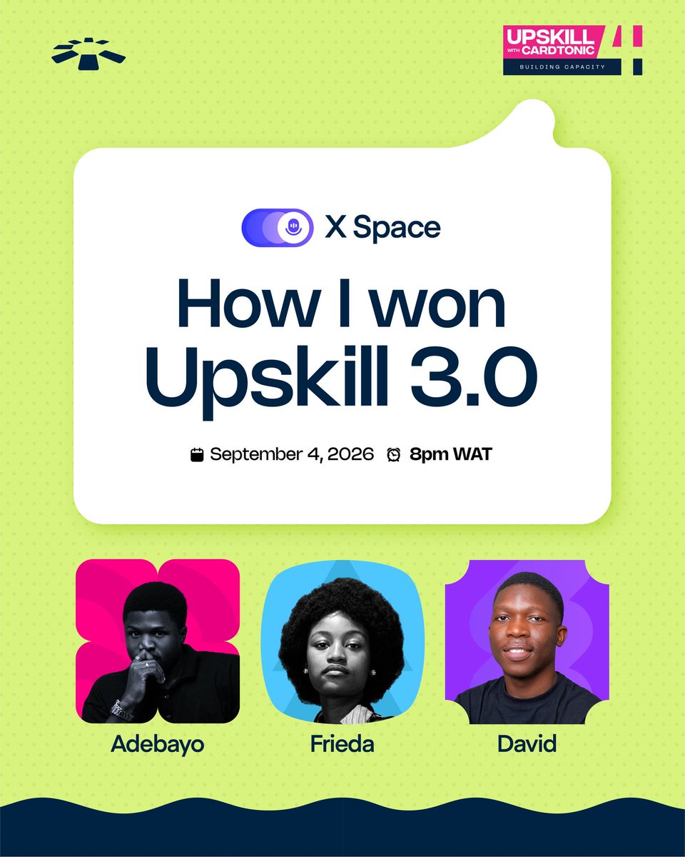 cardtonic's tweet photo. What does it actually take to win Upskill?🤔 

Well, you’re about to find out! 

We’re bringing three Upskill 3.0 winners to the Space to talk about their journey, what worked for them, what they learnt, and what they’d do differently. 

Bring your questions and your notepad. These are the people you want to hear from before you take that assessment. 

See you at 8 PM on Friday. 😌 #Usecardtonic #upskill