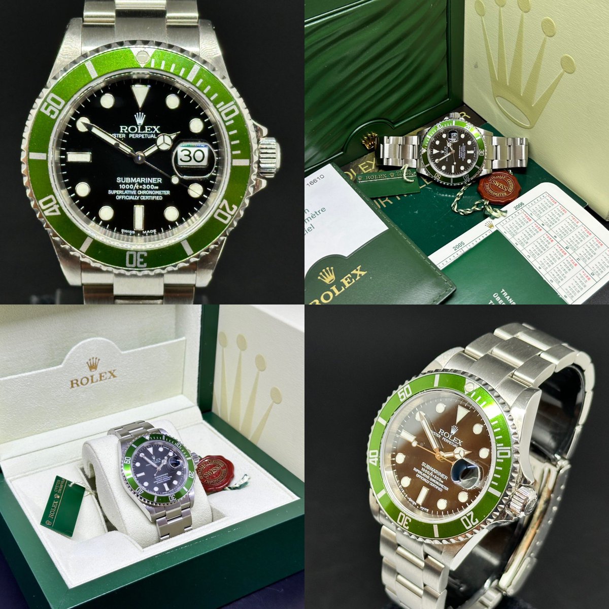 TheWatchSpy's tweet photo. This 2005 Rolex Submariner 16610LV 50th Anniversary 'Kermit' with Rolex boxes, Rolex AD certificate, tags and booklets is in very good original condition and has passed our in-house due diligence and inspection criteria. Recently serviced and supplied with a 24 month TWS warranty. Price £10995