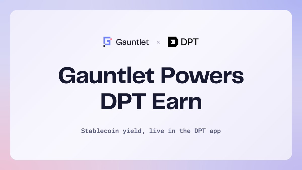 gauntlet_xyz's tweet photo. DPT Earn is now live in the @DptPay app, powered by Gauntlet.

DPT users in over 150 countries can now earn stablecoin yield on USDC and USDT alongside their Visa card.

DPT Earn is powered by Gauntlet USD Alpha, our flagship stablecoin strategy, built on Gauntlet’s first-party vault infrastructure Aera.

Learn more about the partnership: https://t.co/bP8ax2x7fJ