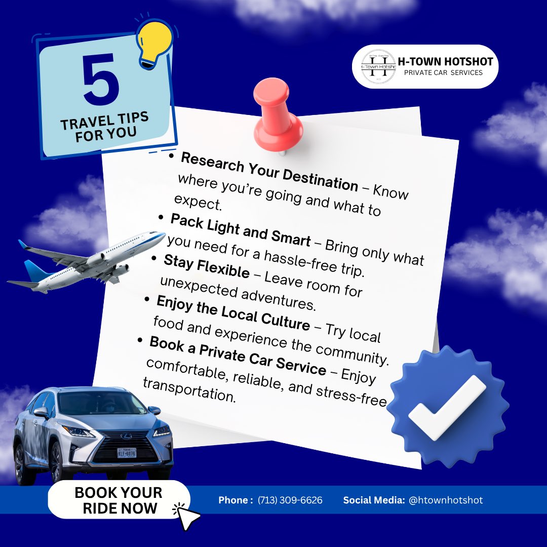 HtownHotshot's tweet photo. Planning your next adventure? ✈️🌎 Make every trip easier with a little preparation and reliable transportation.

#traveltips #travelplanning #houstontravel #houstontx #privatetransportation https://t.co/xHot4knCnC