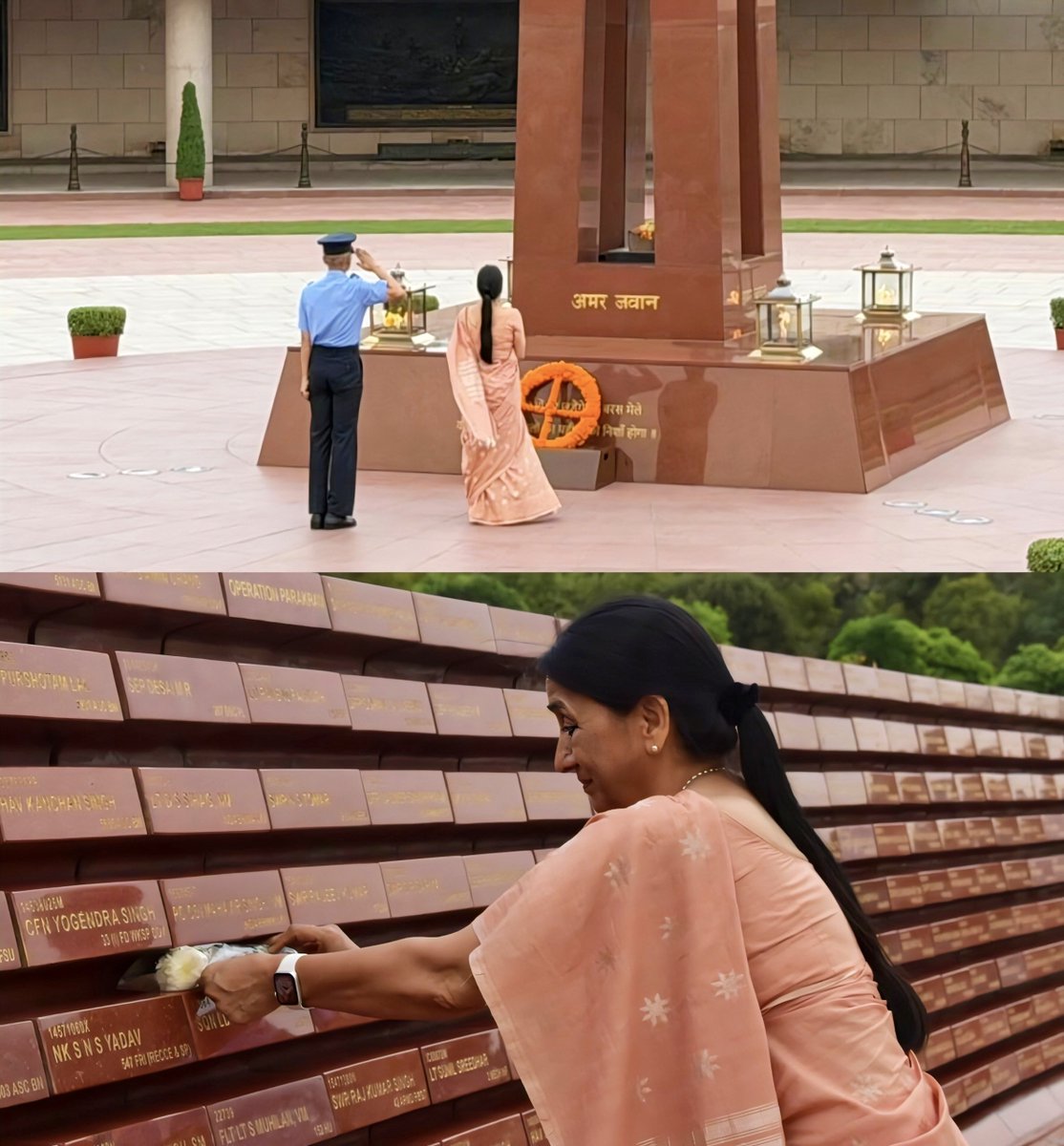 salute2soldier's tweet photo. Sqn Ldr Ajay Ahuja, VrC made supreme sacrifice during Kargil War. #VeerNari Alka Ahuja, has borne the irreparable loss with incredible resilience. Deeply emotional she paid homage to her hero at Amar Jawan Jyoti today. 🇮🇳 #KargilWar #OperationVijay #IndianAirForce. https://t.co/xdpgc3VMuZ