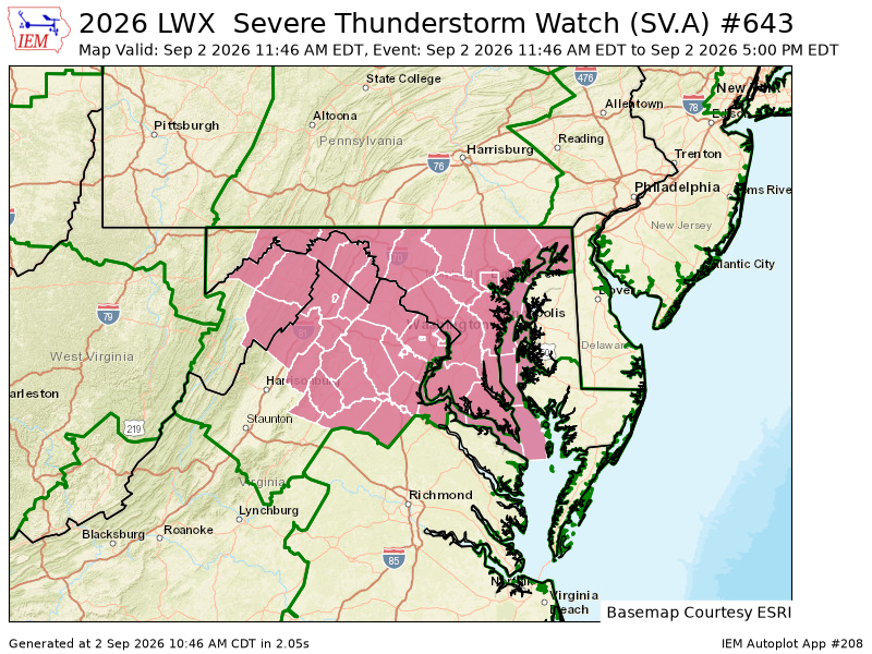 EricBourgois30's tweet photo. LWX issues Severe Thunderstorm Watch (1 forecast zones in [DC] and 15 forecast zones in [MD] and 25 forecast zones in [VA] and 6 forecast zones in [WV] and 13 forecast zones in [AN]) till Sep 2, 5:00 PM EDT https://t.co/yGxyEnk3OS https://t.co/4sTUDgl4nQ