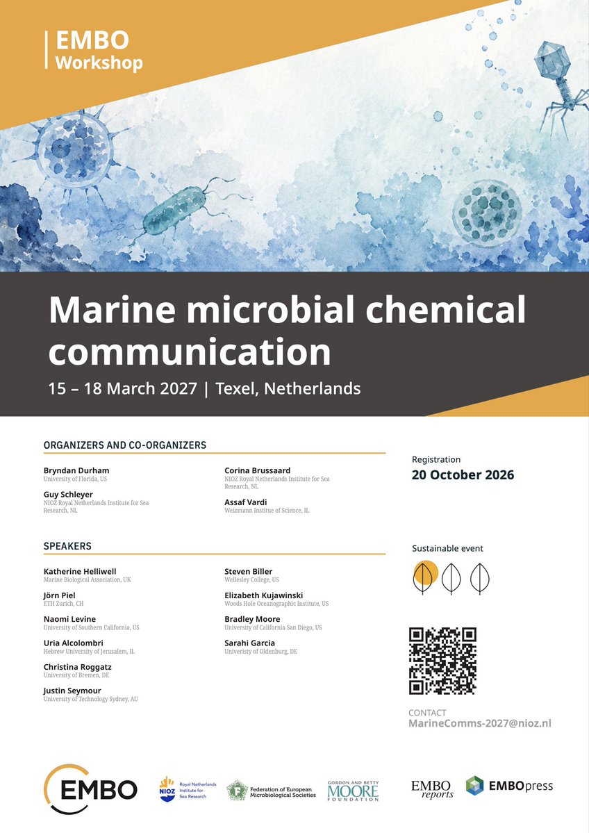 BryndanDurham's tweet photo. We are holding the #M2C2 Marine Microbial Chemical Communications EMBO workshop in the Netherlands 15-18 March 2027! 
Have research interests in the chemical crosstalk of marine plankton? Please join us! Registration open until Oct 20!
https://t.co/mbCg263CLS https://t.co/FunNcI9Eh1