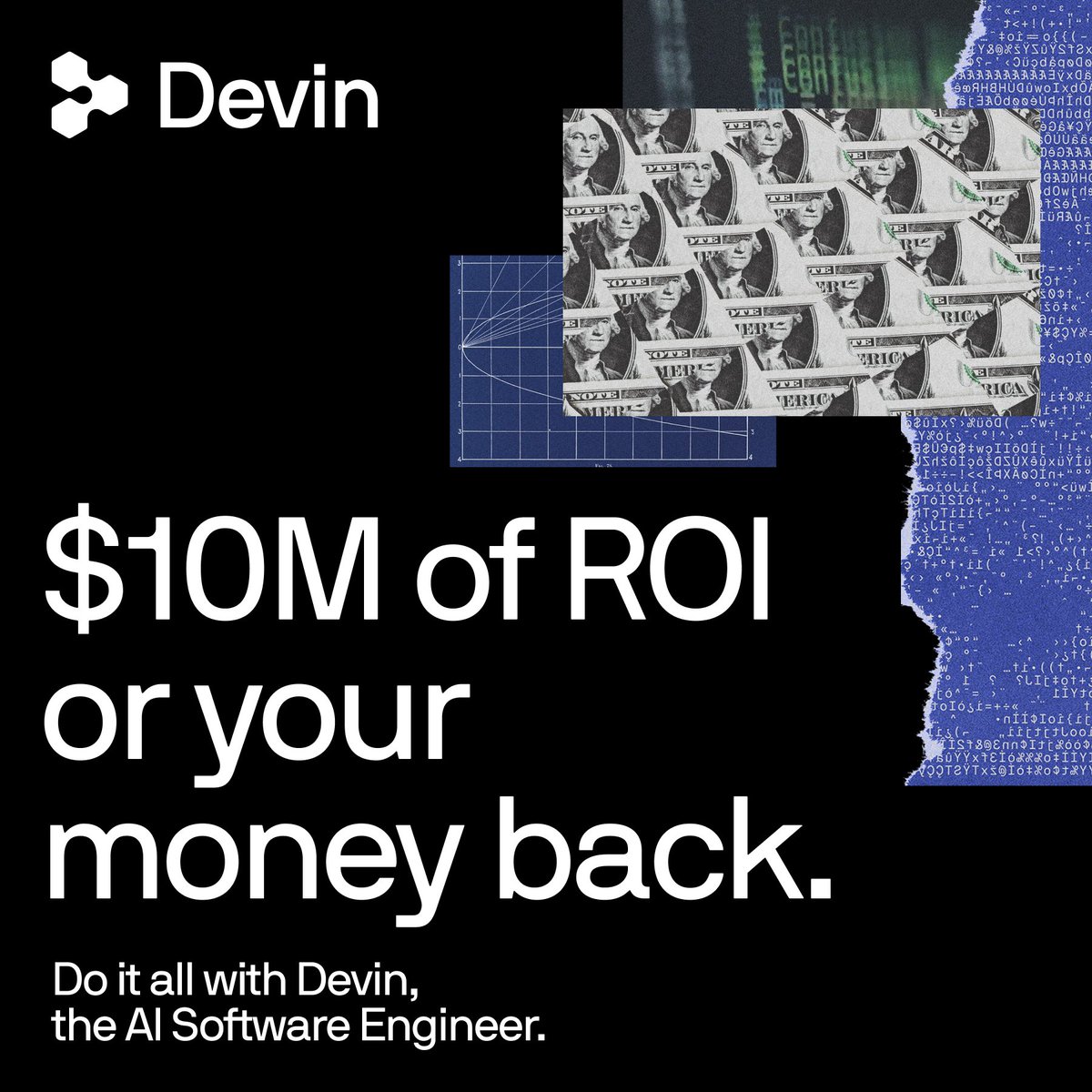 cognition's tweet photo. Devin guarantees $10M of productive engineering value. Stop wasting tokens, and start measuring ROI. Read more on the methodology: