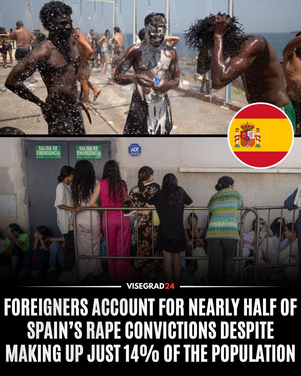 visegrad24's tweet photo. Foreign nationals accounted for nearly half of Spain’s rape convictions in 2025 despite representing just 14.1% of the population.

Of the 131 people convicted of rape, 64, or 49%, were foreign nationals.

Since 2017, African nationals have accounted for 21% of rape convictions despite comprising around 2.8% of the population.

Spain also recorded 6,111 people convicted of sexual offenses in 2025, up from 5,073 in 2024 and 2,764 in 2017. Foreign nationals accounted for 32% of the 2025 total.