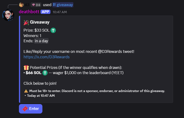 d3rewards's tweet photo. We're doing a week of giveaways on Discord! 

Don't miss out on the sen! Free to join - but if you're playing under this leaderboard, it's a better prize🤩

https://t.co/vqYpRG7wUC https://t.co/m9gmEW47Ce