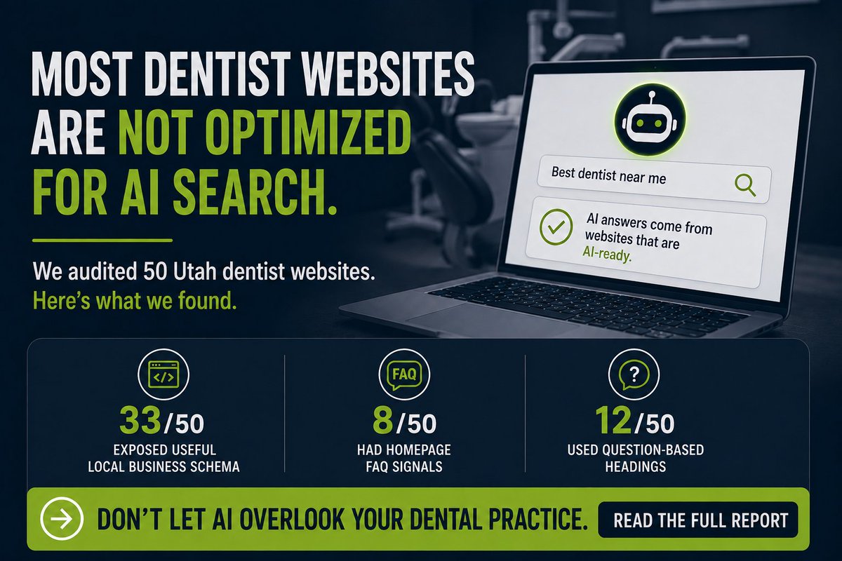 pixoinc's tweet photo. We Randomly Audited 50 Utah Dental Websites: The Results Show Why Dentists Need AEO to be found in user AI searches:

https://t.co/VCmBQaOx1M #AEO #dentist #DentalMarketing #Utah https://t.co/syHK5S4sJa